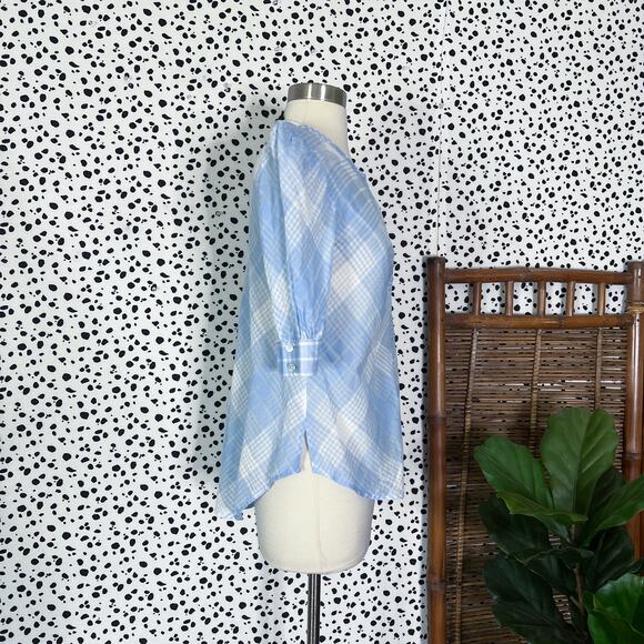 Veronica Beard | Plaid Print Blue White Semi Sheer Short Sleeve Button Blouse M - Picture 5 of 11